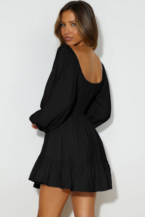 Shirred Drawstring Ruffle Long Sleeve Casual Mini Dress