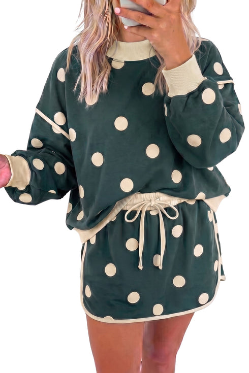 Polka Dot Panel Trim Baggy Pullover Drawstring Skirt Set