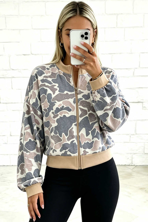 Polyester Camouflage Print Trim Zip Bomber Sweatshirt