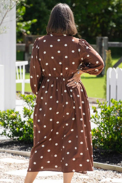 Polka Dot V Neck Front Pocket Gathered Cuffs Long Sleeve Shift Midi Dress