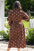 Polka Dot V Neck Front Pocket Gathered Cuffs Long Sleeve Shift Midi Dress