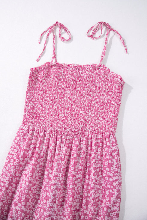 Floral Print Thin Strap Smocked Bodice Wide Leg Jumpsuit