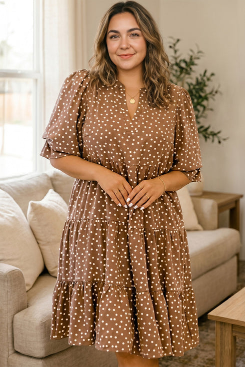 Polka Dot V Neck Long Sleeve Shift Mini Dress