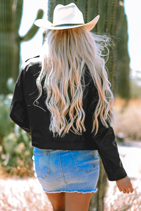 Exclusive Western PU Leather Lapel Collar Zipper Jacket