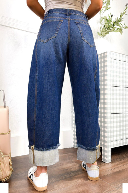 Raw Hem Turnup Loose Ankle Length Jeans