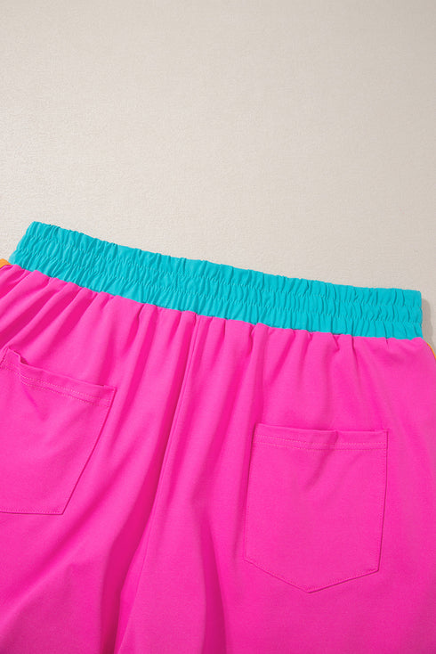 Casual Blocked Pattern Patchwork Cap Sleeve Short Set