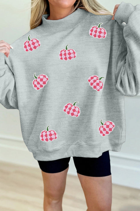 Sequined Pumpkin Patch Mock Neck Baggy Pullover Sweatshirt