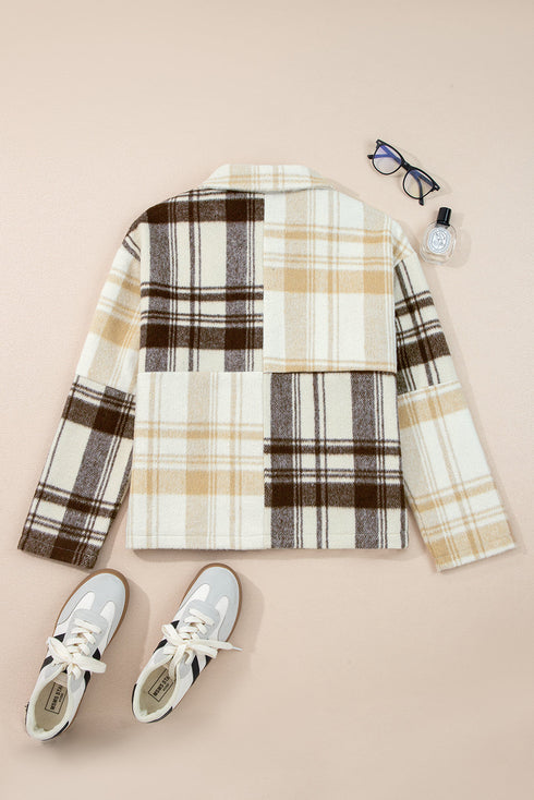 Button Front Patchwork Side Pocket Plaid Shacket