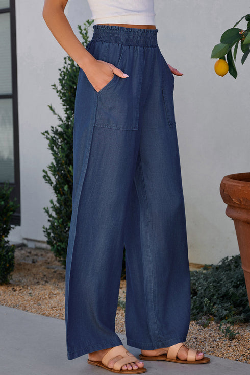 Soft Denim Smocked High Waist Wide Leg Jeans