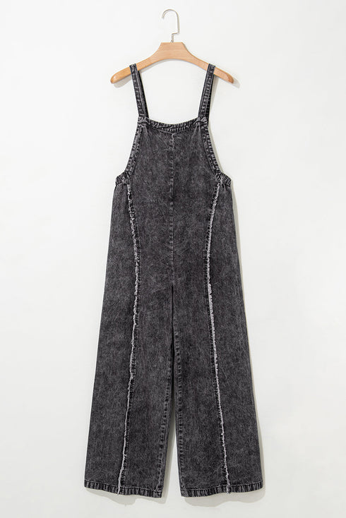Washed Frayed Exposed Seam Wide Leg Denim Overall Jumpsuit