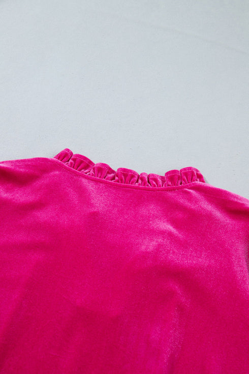 Velvet V Neck Ruffled Cuff Hem Long Sleeve Top