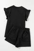 Textured Ruffle Sleeve Split Top Drawstring Short Set