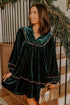 Leopard Trim Velvet Long Sleeve Shift Mini Dress