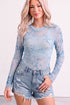 Sheer Mesh Floral Printed Mock Neck Long Sleeve Bodysuit