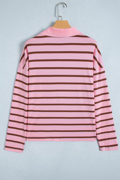 Striped Collared Long Sleeve Straight Cut Top