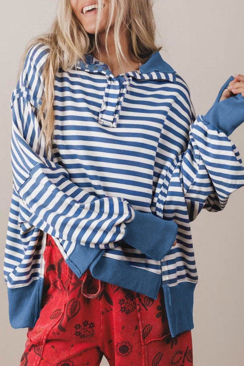 Striped Trim Raw Seam Split Hem Loose Pullover Sweatshirt