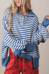 Striped Trim Raw Seam Split Hem Loose Pullover Sweatshirt