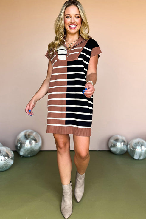 Striped Ribbed Knit Half Zip Mini Dress