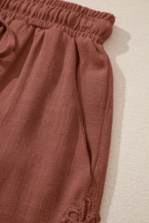 Lace Splicing Drawstring Elastic Waist Loose Linen Casual Shorts