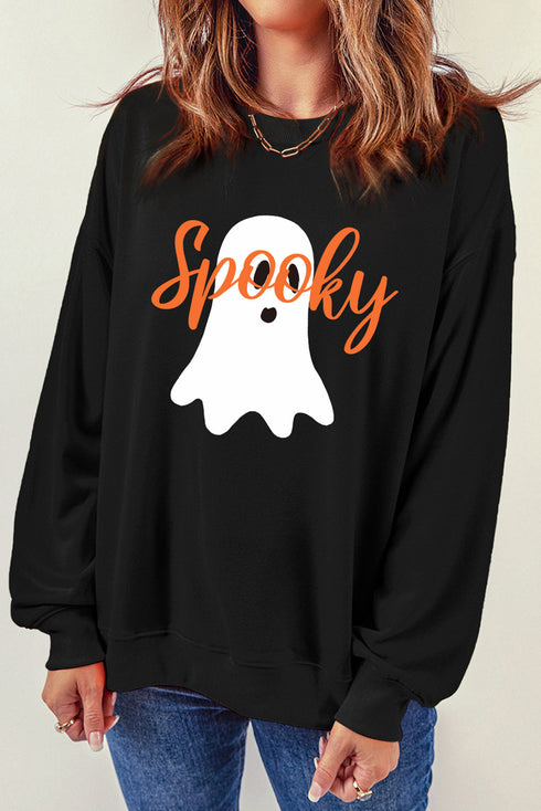 Playful Ghost Script Graphic Oversized Pullover Sweatshirt