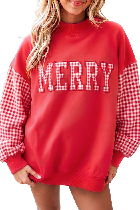 Gingham Pattern Applique Oversized Silhouette Pullover Sweatshirt