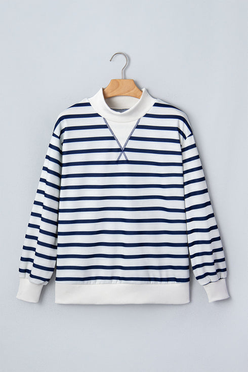 Striped Mock Neck Long Sleeve Ribbed Cuff Hem Sweatshirt