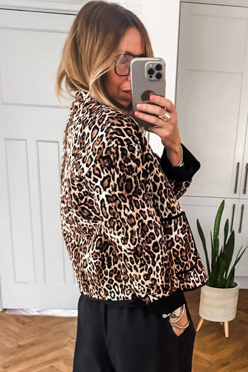Leopard Print Quilted Button Front Patch Pocket Jacket