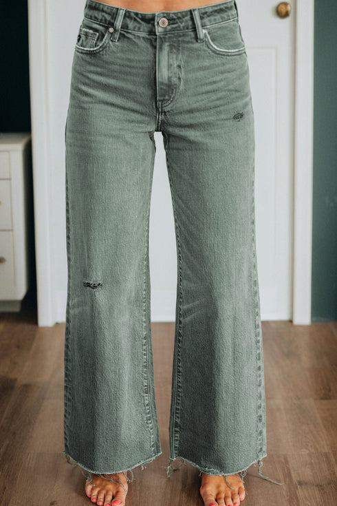 Distressed Raw Edge Wide Leg Denim Jeans