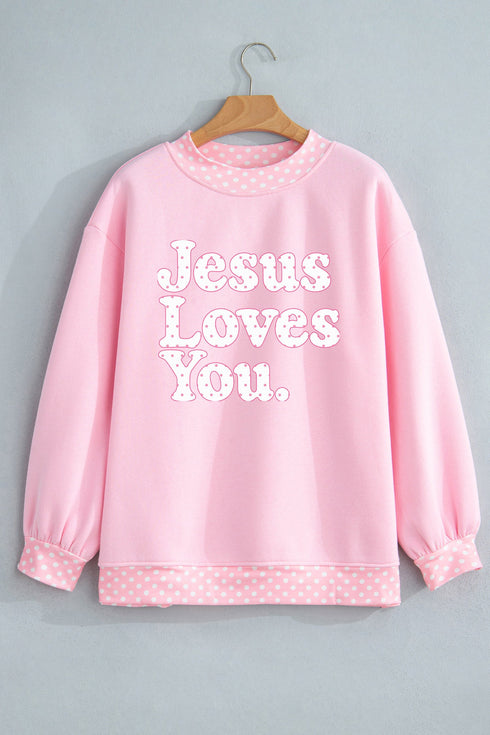 Jesus Loves You Polka Dot Trim Mock Neck Sweatshirt