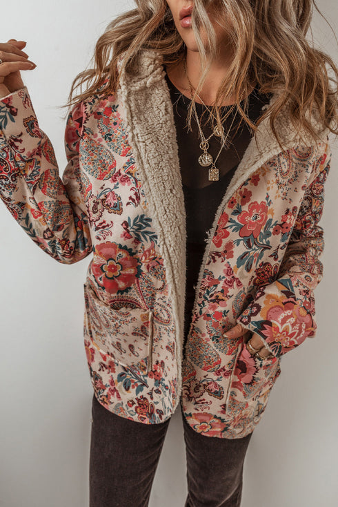 Bohemian Floral Print Sherpa Lined Fleece Hooded Jacket