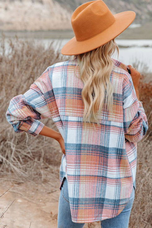 Casual Plaid Print Flap Pocket Button Down Shacket