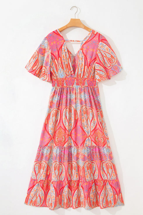 Paisley Print V Neck Short Sleeve Ruffle Bohemian Dress