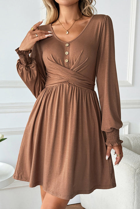 Shirred Cuff Long Sleeve Button Round Neck Mini Dress