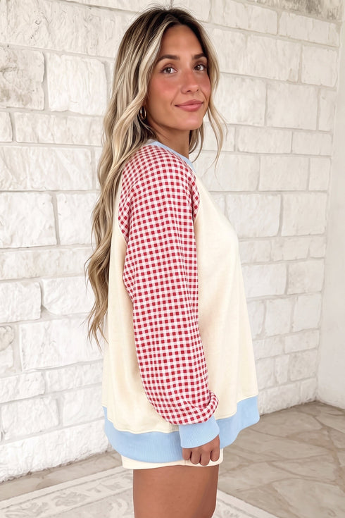 Polyester Plaid Pattern Sleeve Raglan Pullover Sweatshirt