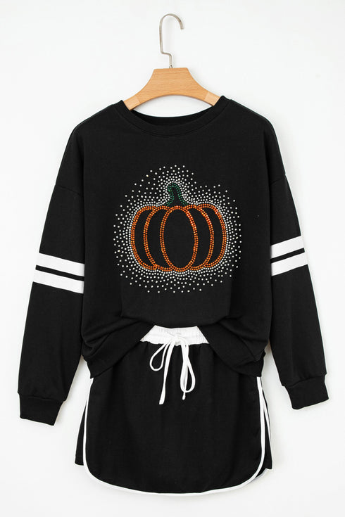 Rhinestone Pumpkin Graphic Varsity Striped Long Sleeve Top Drawstring Mini Skort Two Piece Set