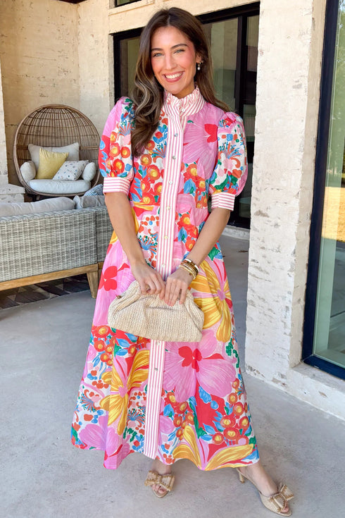 Floral Print Striped Trim Button Down Short Sleeve Dress