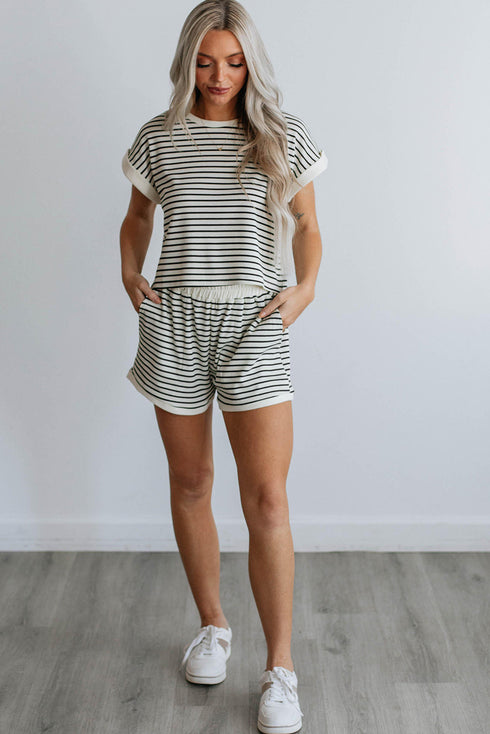 Ribbed Stripe Casual Tee And Matching Shorts Set