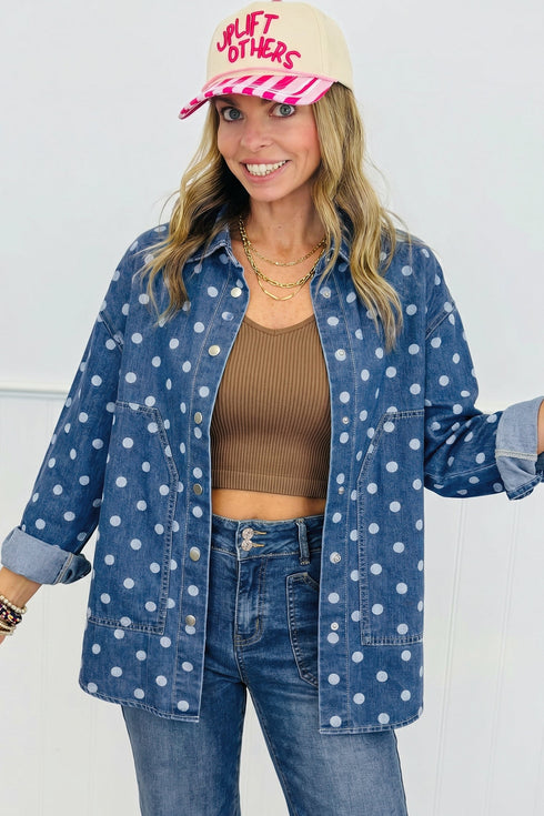 Polka Dot Long Sleeve Collar Shift Tunic Denim Jacket