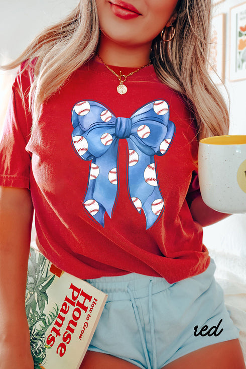 Feminine Baseball Bow Graphic Print Casual Crewneck T Shirt