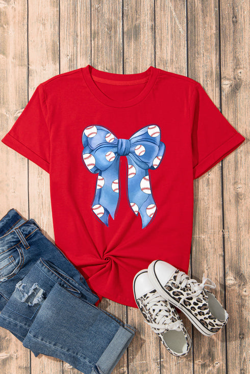 Feminine Baseball Bow Graphic Print Casual Crewneck T Shirt
