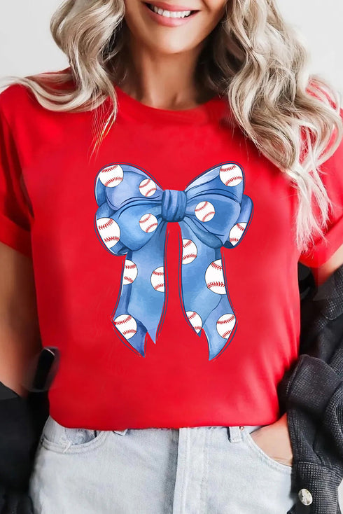 Feminine Baseball Bow Graphic Print Casual Crewneck T Shirt