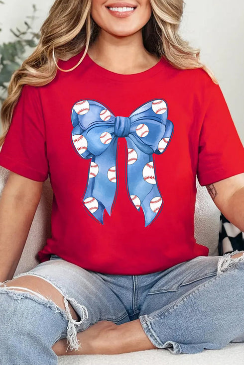 Feminine Baseball Bow Graphic Print Casual Crewneck T Shirt