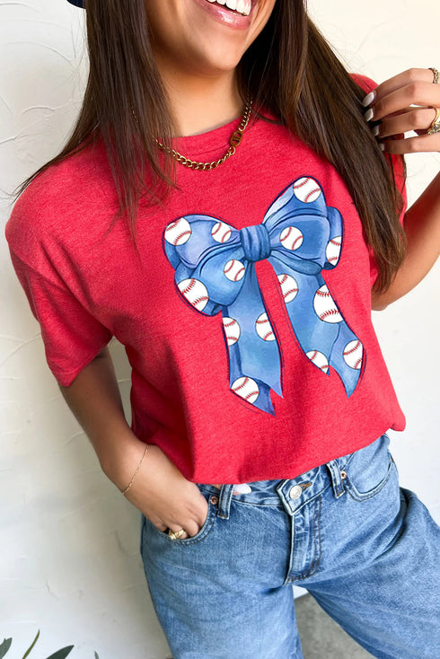 Feminine Baseball Bow Graphic Print Casual Crewneck T Shirt