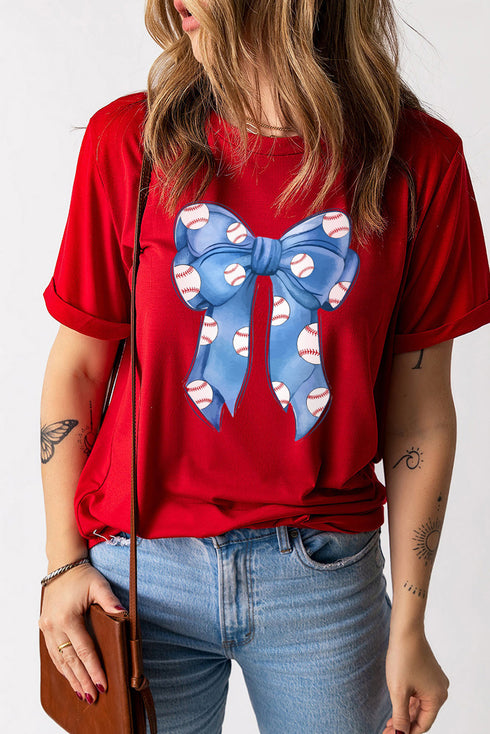 Feminine Baseball Bow Graphic Print Casual Crewneck T Shirt