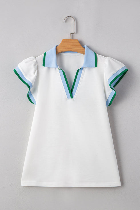 Feminine Charm Collared V Neck Blouse With Playful Ruffled Sleeves And Contrast Detail