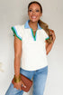 Feminine Charm Collared V Neck Blouse With Playful Ruffled Sleeves And Contrast Detail
