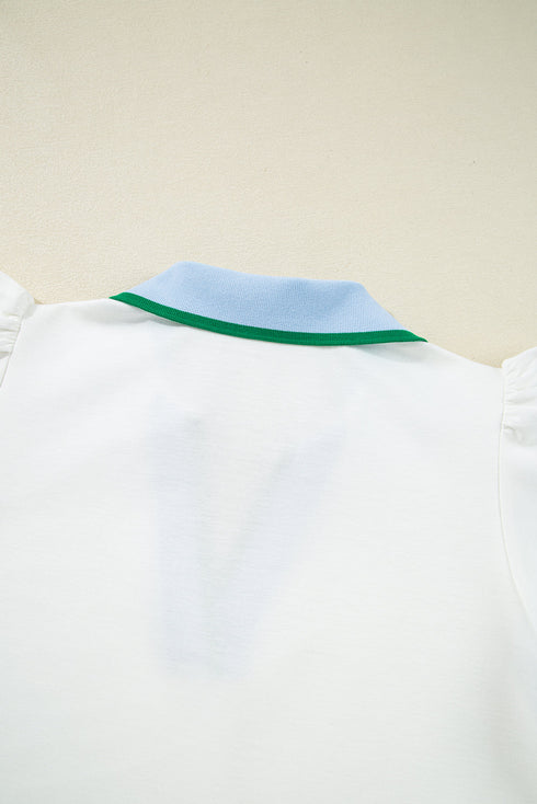 Feminine Charm Collared V Neck Blouse With Playful Ruffled Sleeves And Contrast Detail