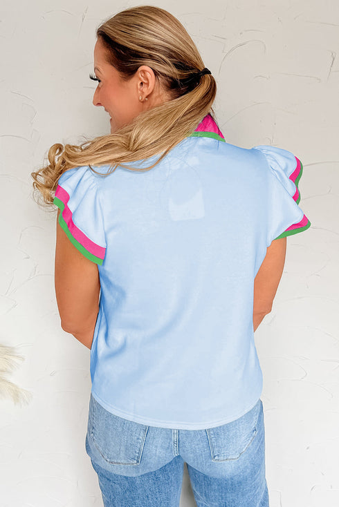 Feminine Charm Collared V Neck Blouse With Playful Ruffled Sleeves And Contrast Detail