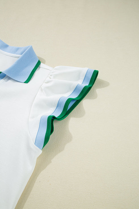 Feminine Charm Collared V Neck Blouse With Playful Ruffled Sleeves And Contrast Detail