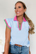 Feminine Charm Collared V Neck Blouse With Playful Ruffled Sleeves And Contrast Detail